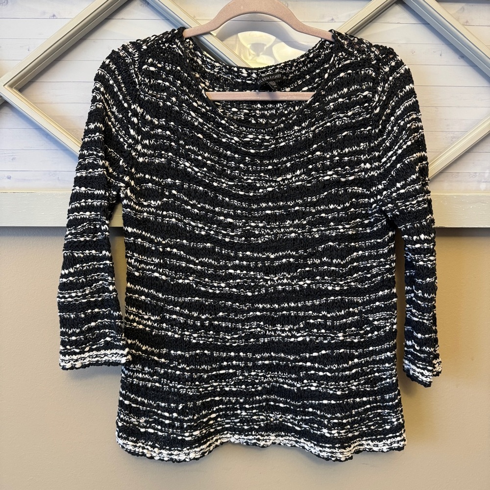 Eileen Fisher Nubbly Cotton Tape Wave Loose Knit Sweater Black and White size XS
